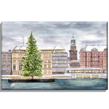 Leinwand 40 x 30 cm Keilrahmen Canvas-Leinen Aquarell Maritim Kunst Druck Kunstdruck Hamburg Hauptkirche St. Michaelis Michel Weihnachten HH7